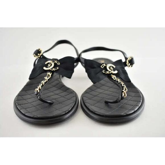 Chanel 20A Black Crystal Bow Lambskin CC Logo Mule Slide Flat Thong Sandal 39.5 - Picture 5 of 12